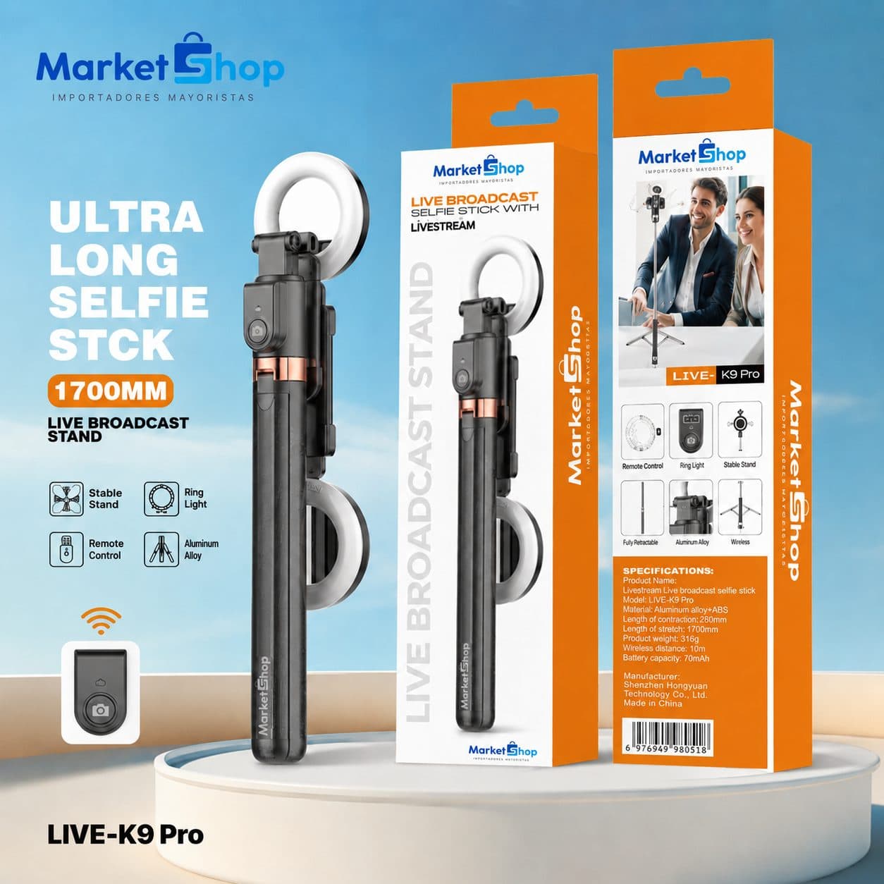 SELFIE STICK + LUZ + CONTROL REMOTO